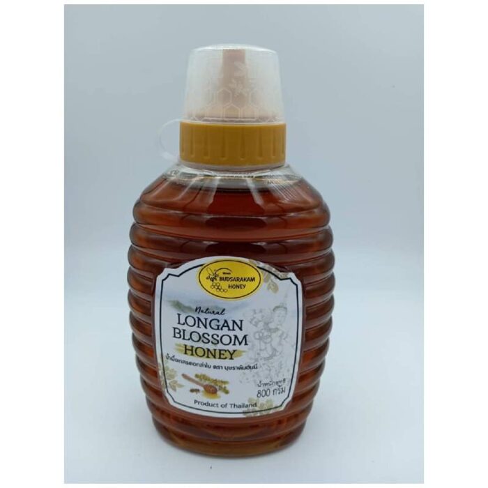 น้ำผึ้งดอกลำไย ขนาด 800 กรัม (ขวดรวงผึ้ง) ตรา บุษราคัม ฮันนี่